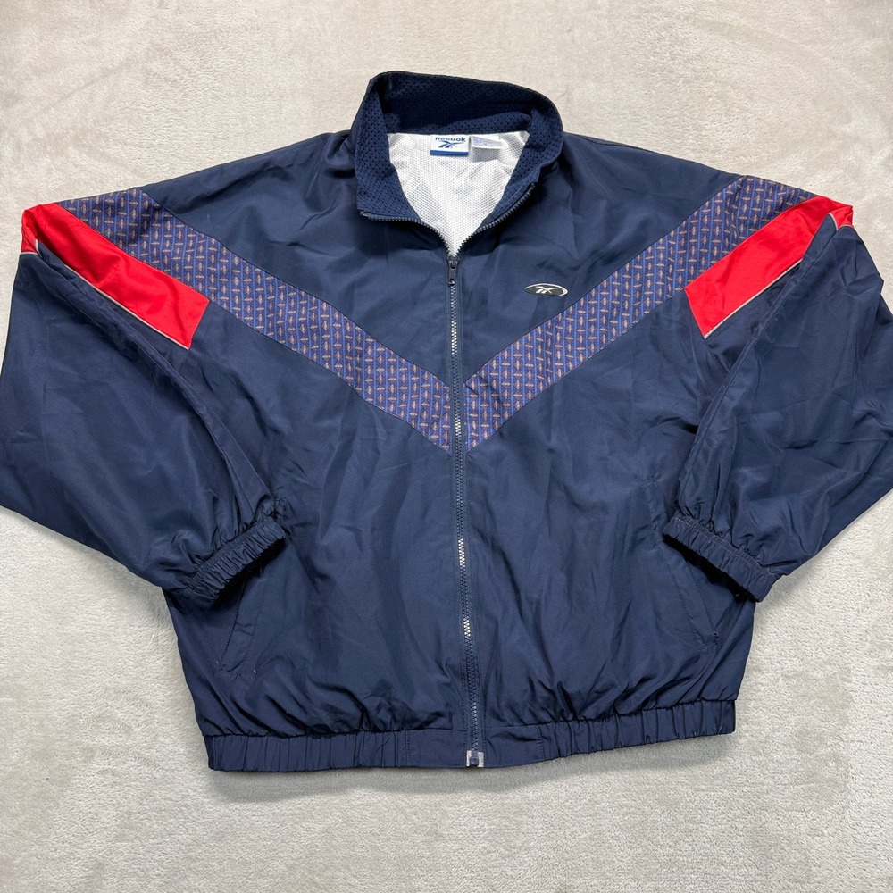 Vintage Reebok‎ Track Jacket Mens Medium Navy Blue Red Geometric Stripe Full Zip - Picture 2 of 12